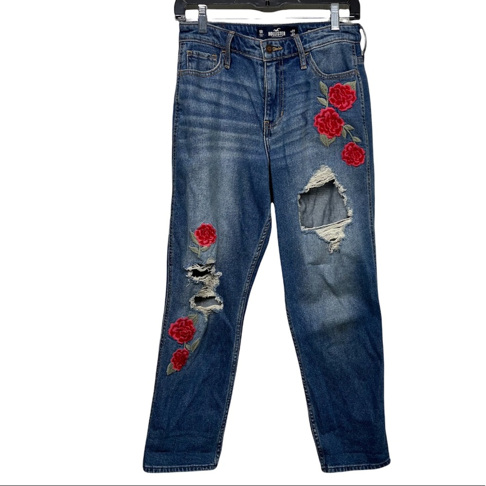 HOLLISTER Jeans Floral Print High Rise Slim Straight Stretch Embroidered…